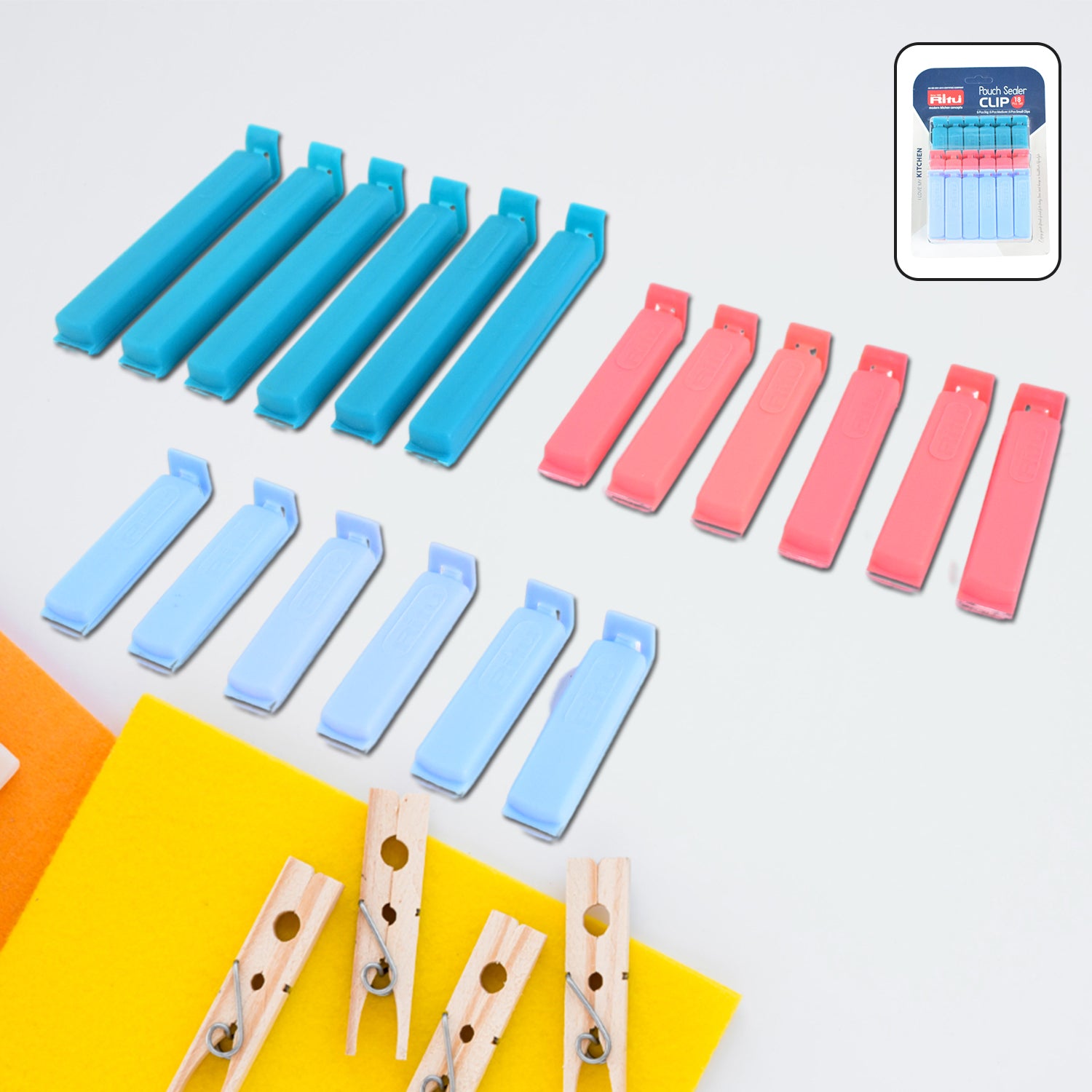 Wukusy Ritu 18-piece plastic pouch sealer clip set with colorful clips for sealing food and storage bags.