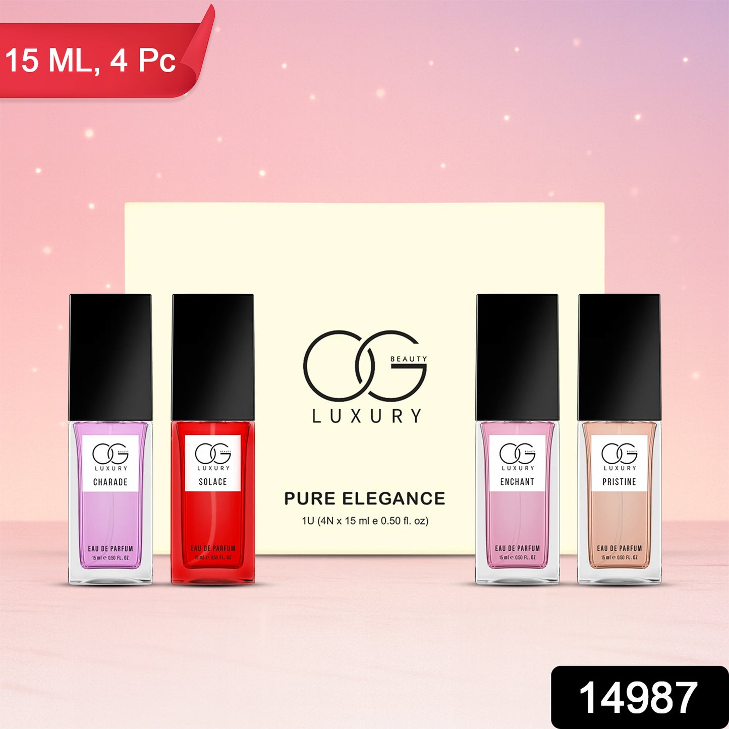 Wukusy OG Beauty Luxury Pure Elegance Eau De Parfum 4-piece set with 15ml bottles, showcasing elegant perfume bottles and packaging.