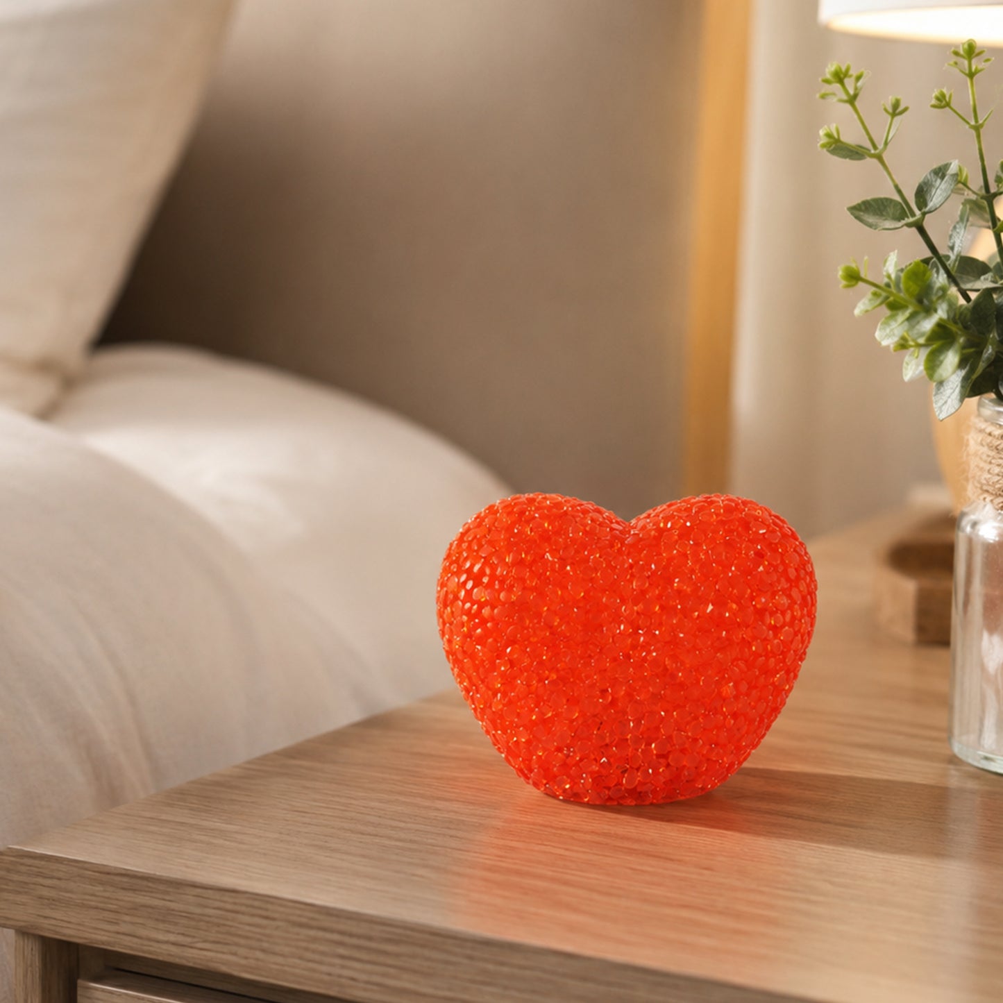Heart-shaped LED night lamp with crystal texture emitting soft red glow, ideal for cozy bedroom or decor ambiance.