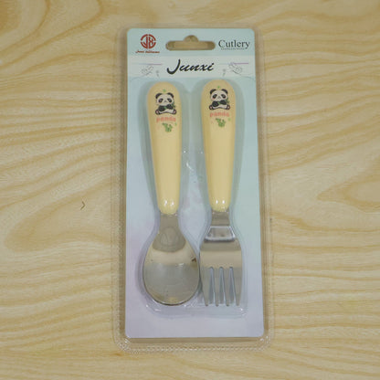 Wukusy kids cartoon spoon and fork set with easy grip handles, ideal for daily feeding, shown with colorful handles and cartoon designs.