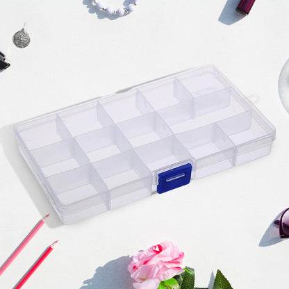 Clear Wukusy 15-grid plastic jewelry organizer box with adjustable dividers for beads, jewelry, herbs, and small items.