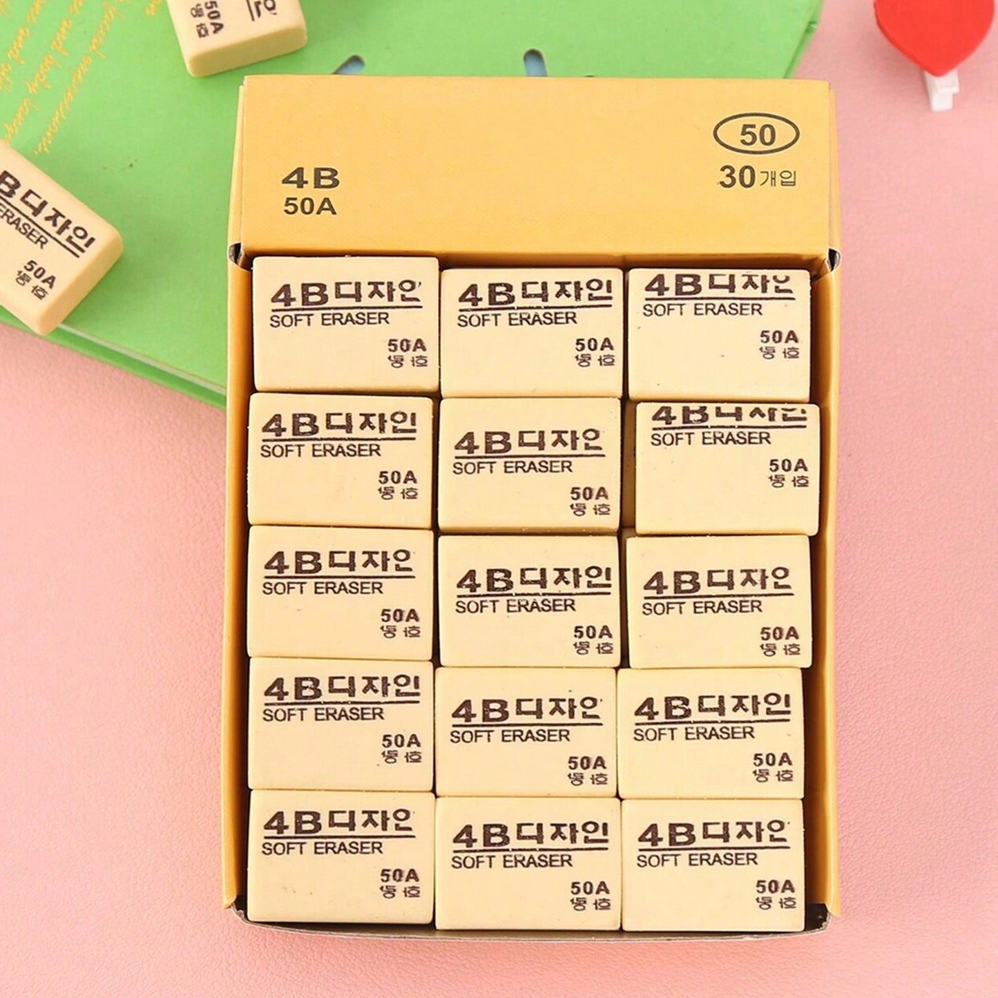 Wukusy 4B yellow pencil erasers for kids, 30-pack, ideal for office or school use, shown in a neat stack