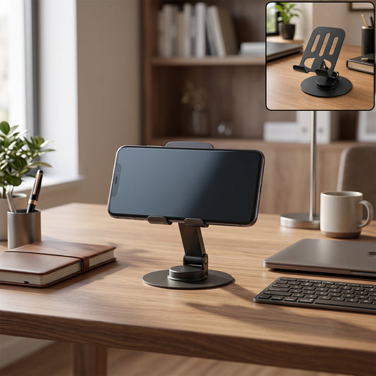 Wukusy metal foldable mobile stand with 360-degree rotating adjustable holder, shown in a compact, portable design.