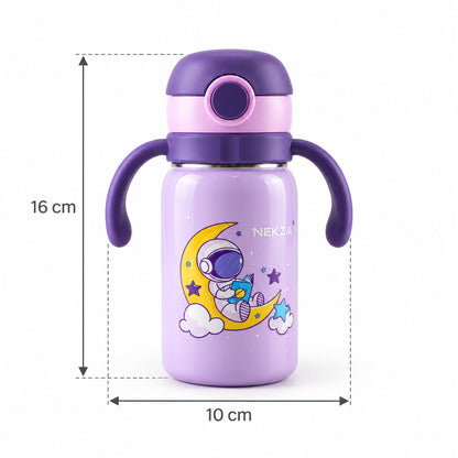 Wukusy Nekza kids stainless steel sipper water bottle with handles and strap, 500ml, featuring a colorful design for children.