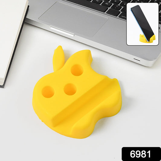 Colorful Wukusy apple-shaped plastic mobile stand with built-in pen holder, designed for holding phones and pens efficiently.