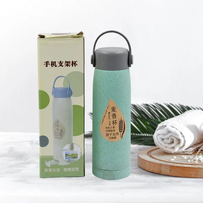 High Portable Water Bottle, Creative Wheat Fragrance Glass Bottle Water with Mobile Phone Holder Wide Mouth Glass Water 380ml (MOQ 80 pc)