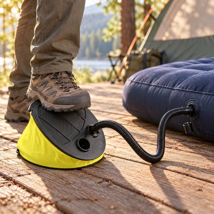 Wukusy manual foot air pump with flexible hose and nozzles for inflating pool floats and air beds, shown with attached nozzle.