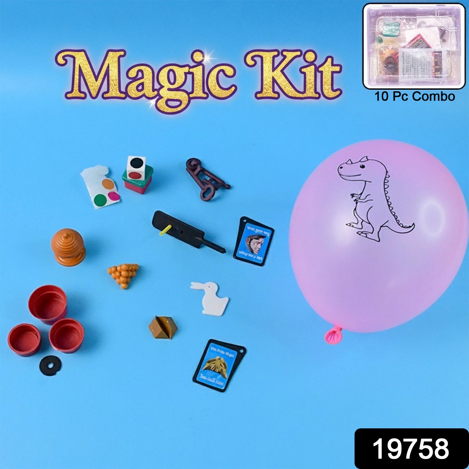 Wukusy Aditi Kids Magic Kit Toy Set with 10 magic tricks and accessories for children, displayed on a colorful surface.