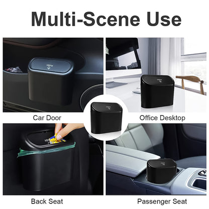Wukusy plastic mini car trash can with lid, compact waste bin suitable for vehicle interior, shown with brown box packaging
