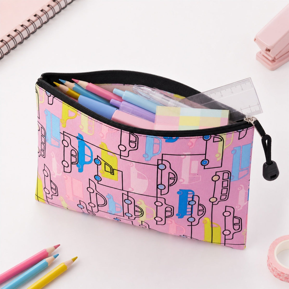 Car Print Pencil Zipper Pouch  Spacious  Durable For Kids
