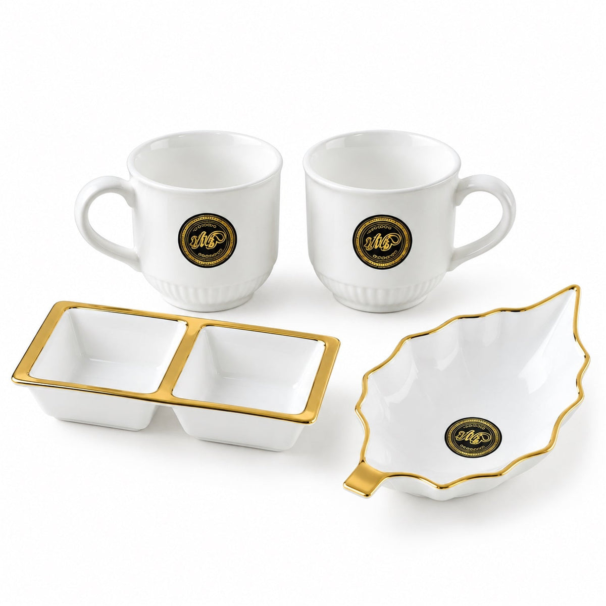 Wukusy tea and snacks serving set with cups, divided bowl, and leaf platter, arranged on a table for serving tea and snacks.
