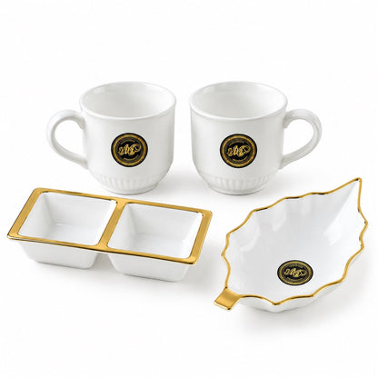 Wukusy tea and snacks serving set with cups, divided bowl, and leaf platter, arranged on a table for serving tea and snacks.