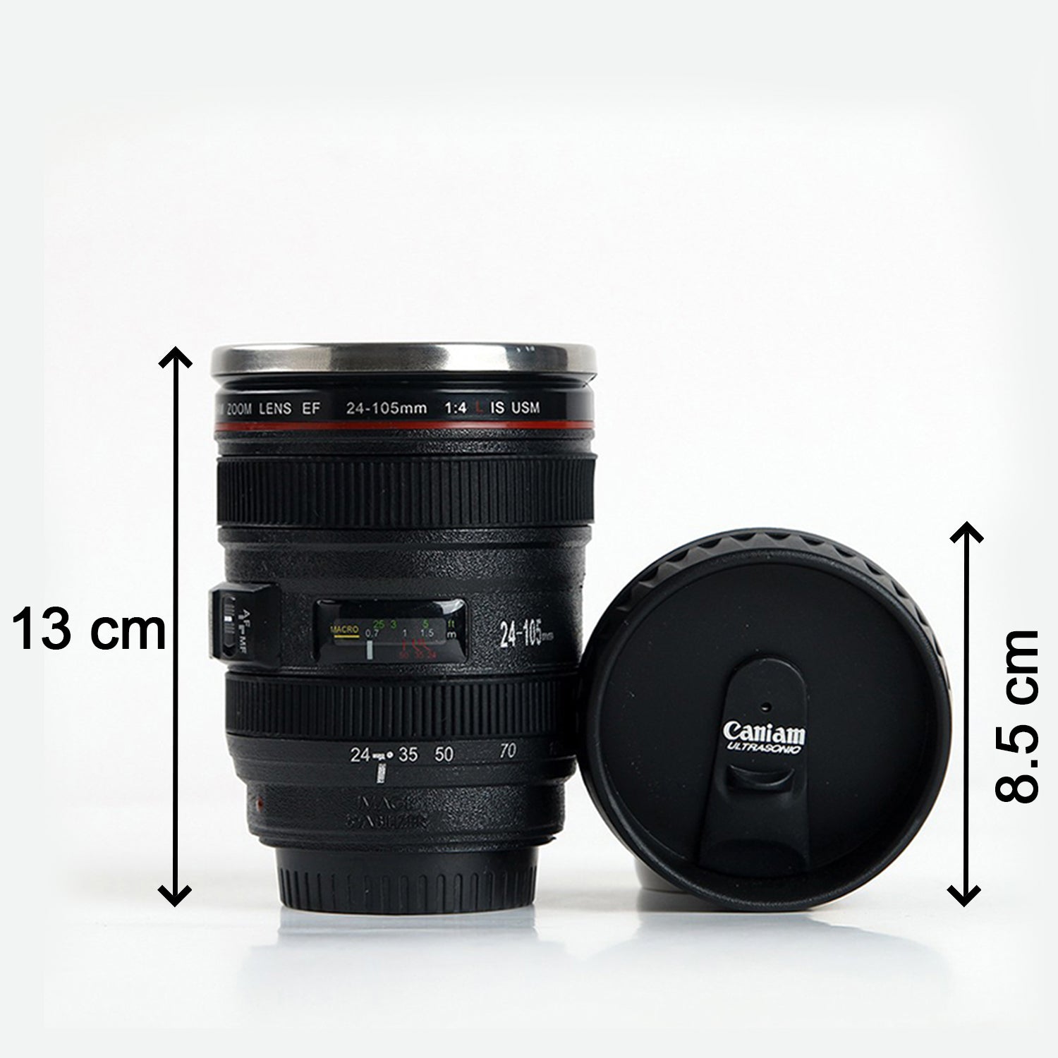 Wukusy stainless steel coffee mug designed like a plastic camera lens, perfect for kitchen use and coffee lovers.