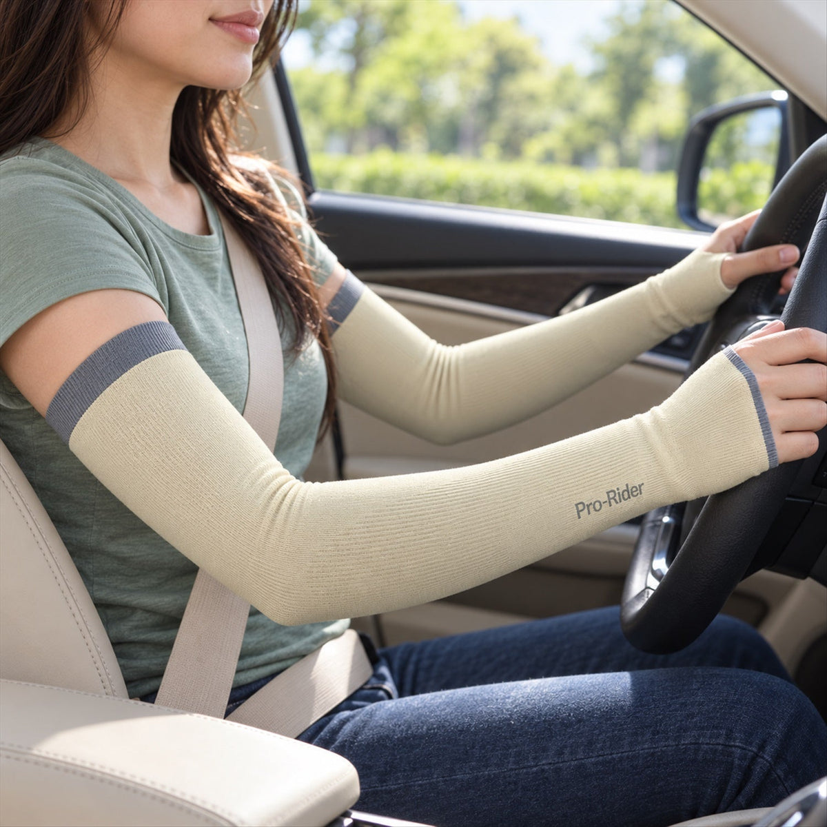 Pair of Wukusy UV protection arm sleeves with thumb holes, ideal for cycling and driving, shown on a model's arms.