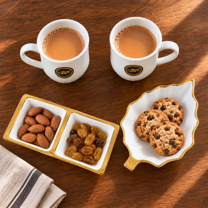 Wukusy tea and snacks serving set with cups, divided bowl, and leaf platter, perfect for entertaining and food presentation