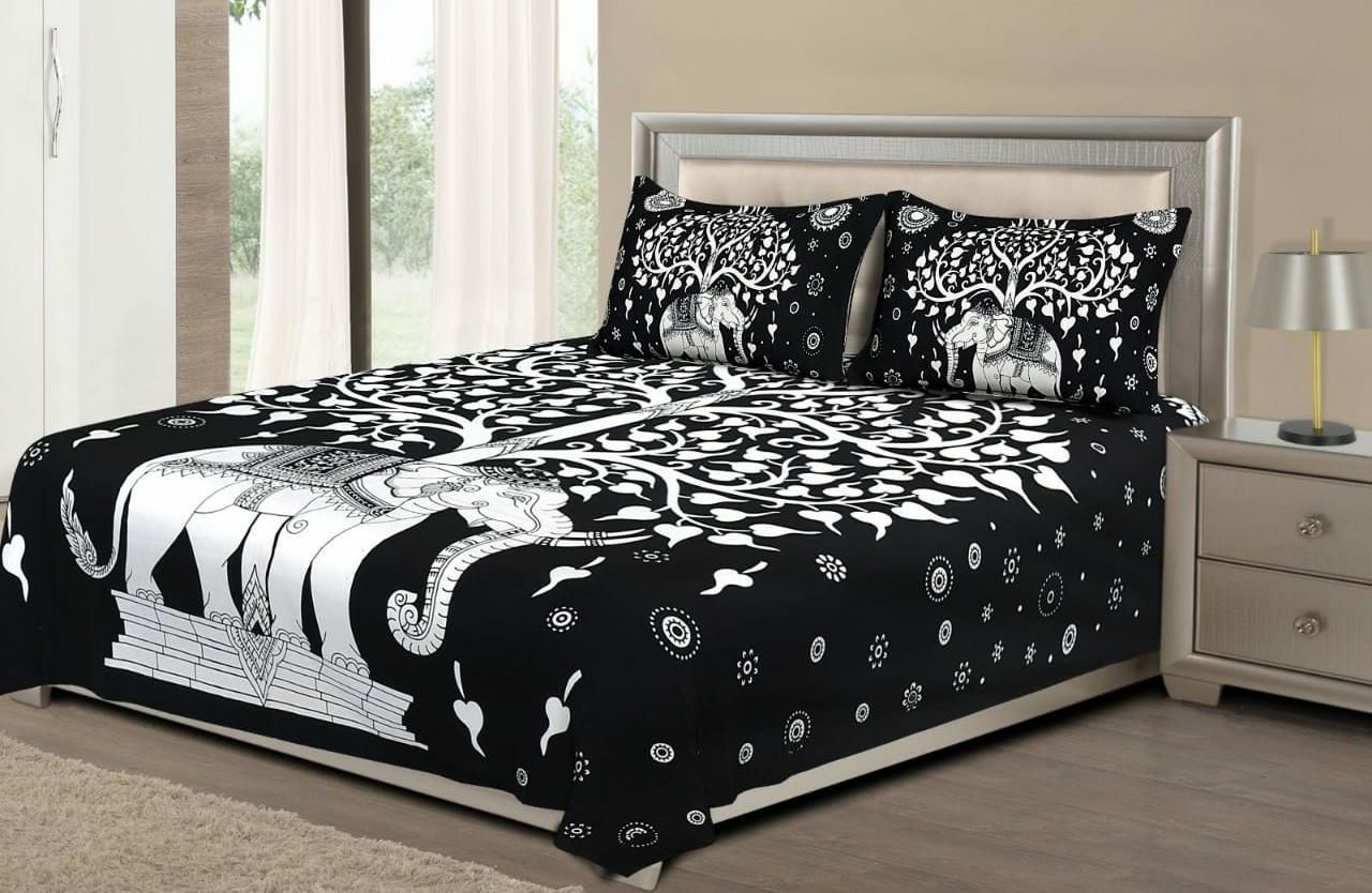 Jaipuri printed cotton double bedsheet with vibrant traditional patterns, perfect for adding colorful elegance to a bedroom.
