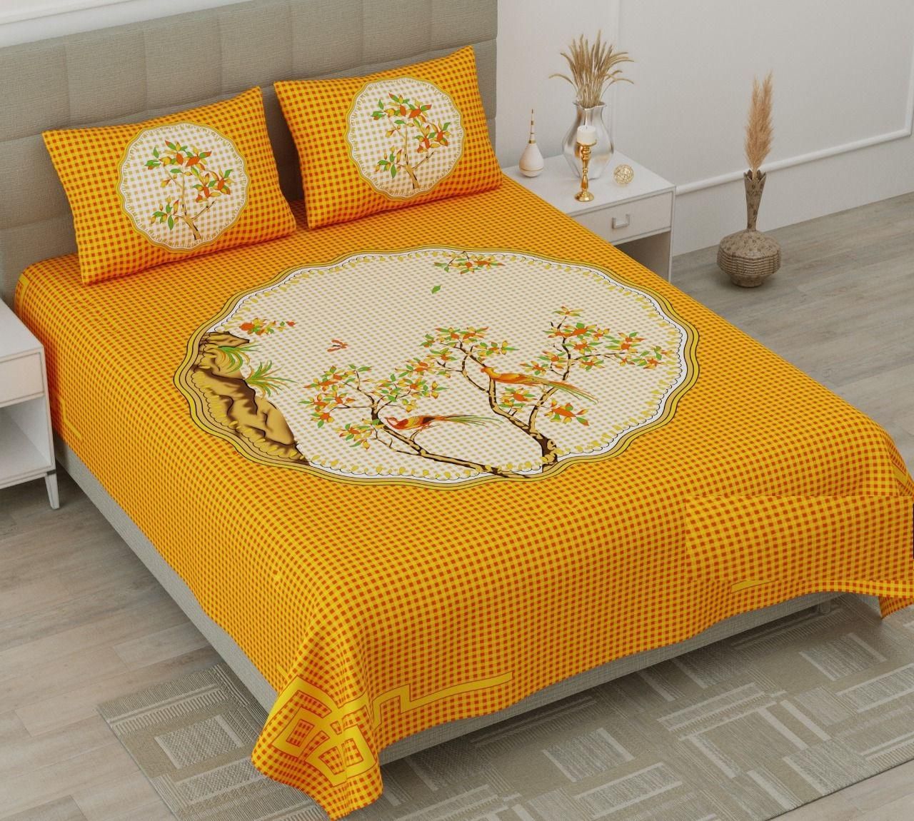 Jaipuri printed cotton double bedsheet with traditional patterns, featuring vibrant colors and soft fabric for comfortable sleeping.