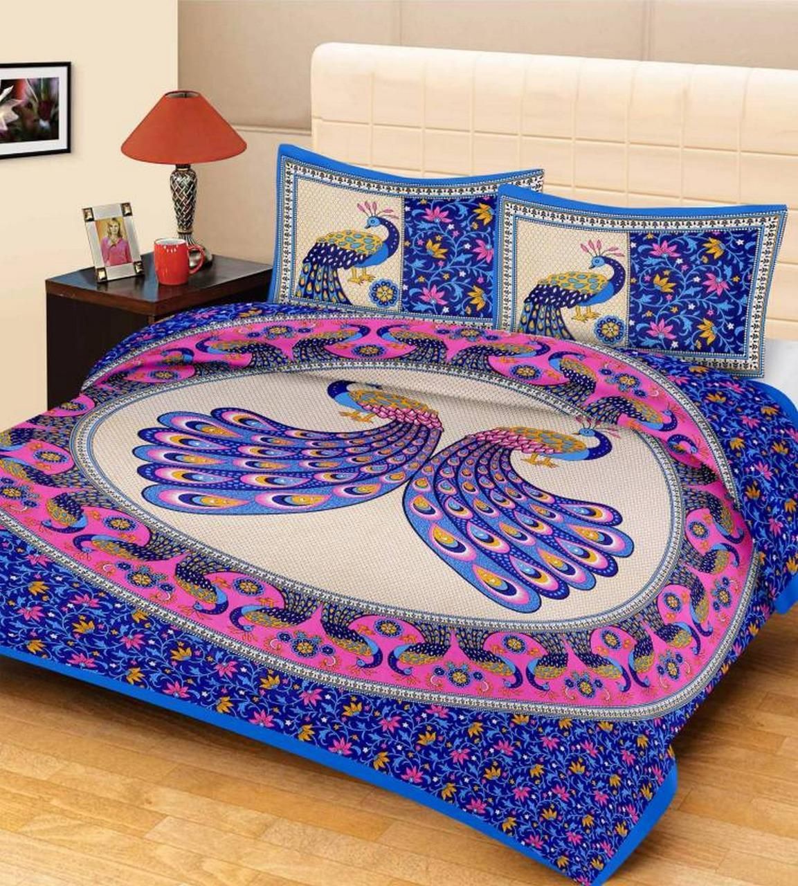 Jaipuri printed cotton double bedsheet with vibrant traditional patterns, designed by Drpshippr for a colorful bedroom look.