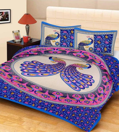 Jaipuri printed cotton double bedsheet with traditional patterns, featuring vibrant colors and intricate designs.