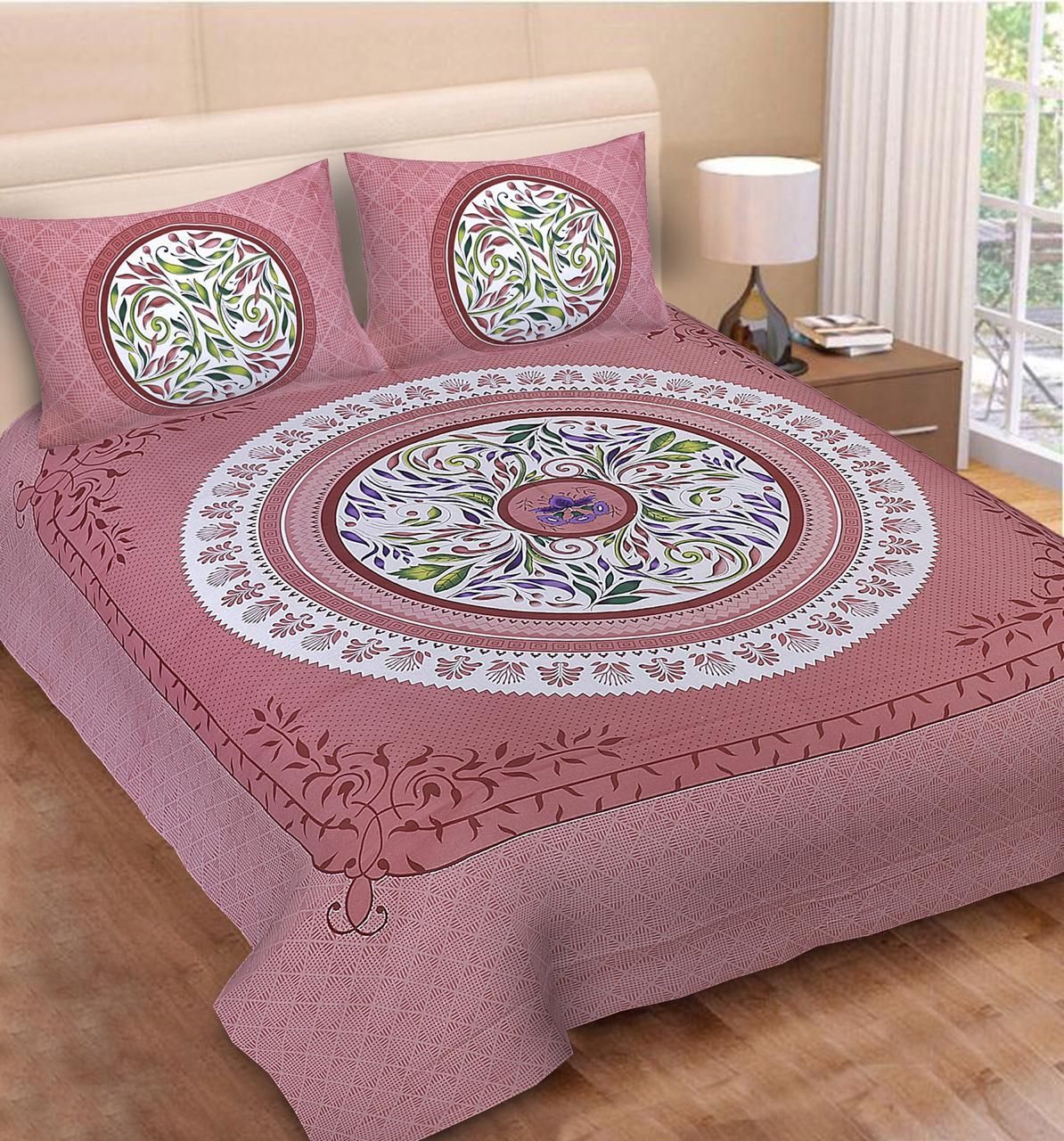 Jaipuri printed cotton double bedsheet with traditional floral patterns, lightweight and soft for a comfortable bedroom decor.