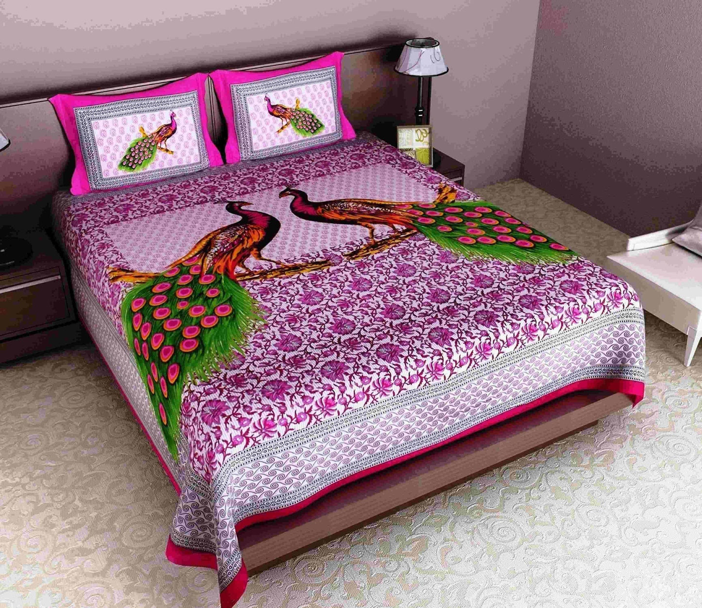 Jaipuri printed cotton double bedsheet with vibrant traditional patterns, perfect for adding color to bedroom decor.