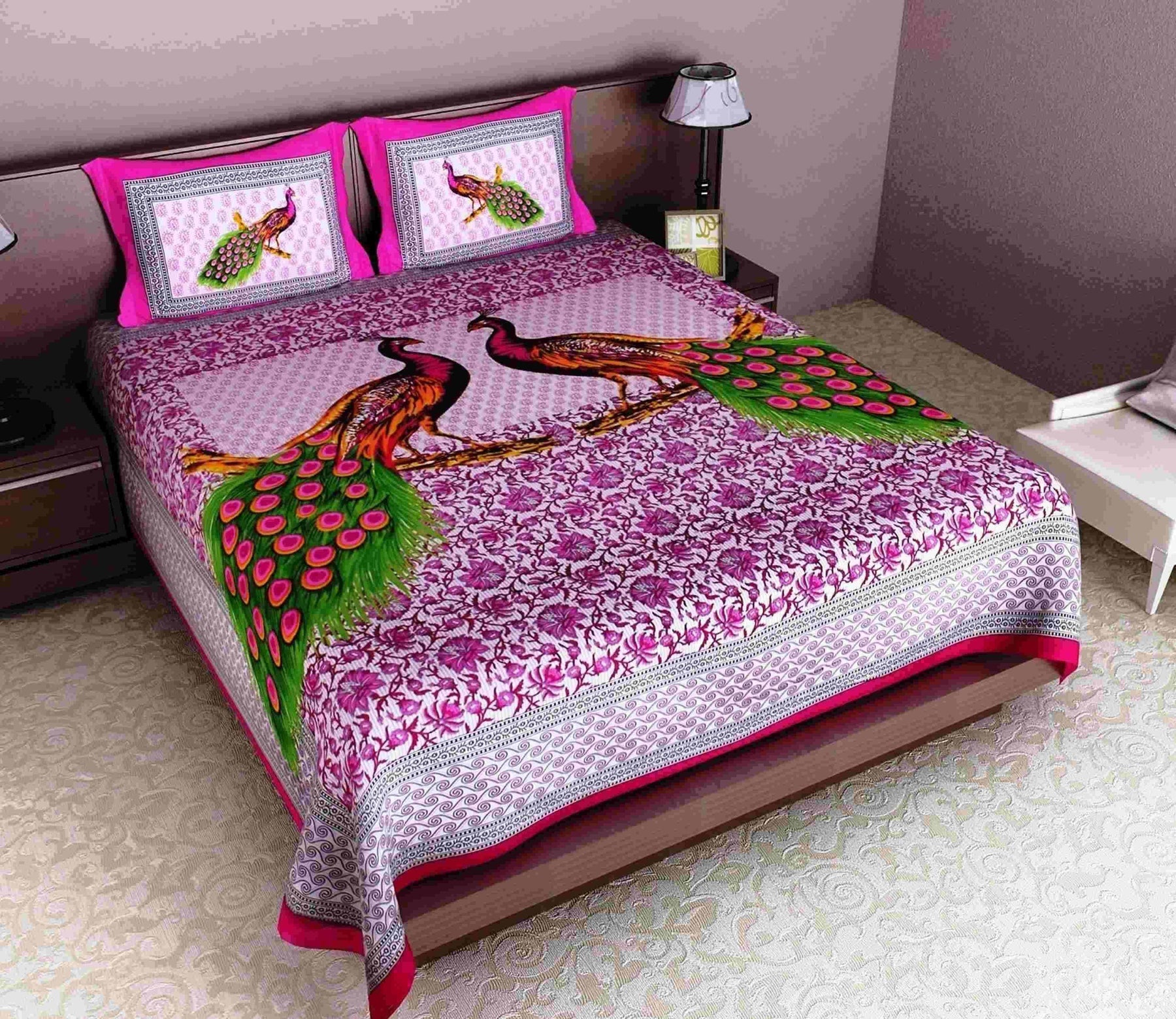 Jaipuri printed cotton double bedsheet with vibrant traditional patterns, perfect for adding color to bedroom decor.