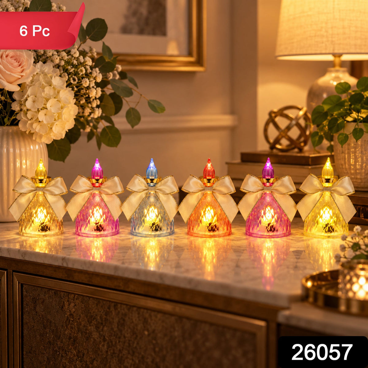 Set of six Wukusy decorative flameless LED candle lights with bows, ideal for home decor and ambient lighting.