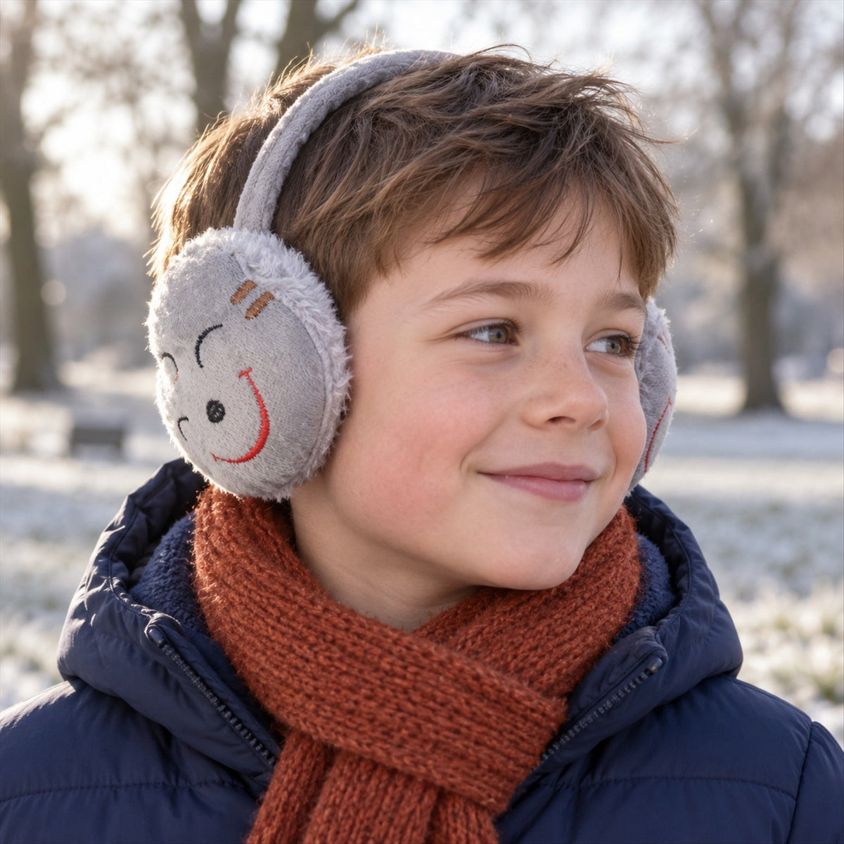 Wukusy smiley plush winter ear muffs for cold weather, soft and warm with a cheerful smile design, perfect for everyday winter wear