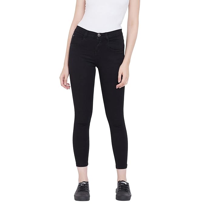 Black women's slim fit cotton jeans from FIZZI SHOP, showing the fitted style and classic denim fabric.