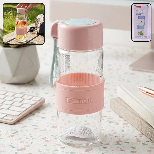 Wukusy portable glass water bottle with 230ml capacity, silicone sleeve, and carry strap for convenient hydration on the go.