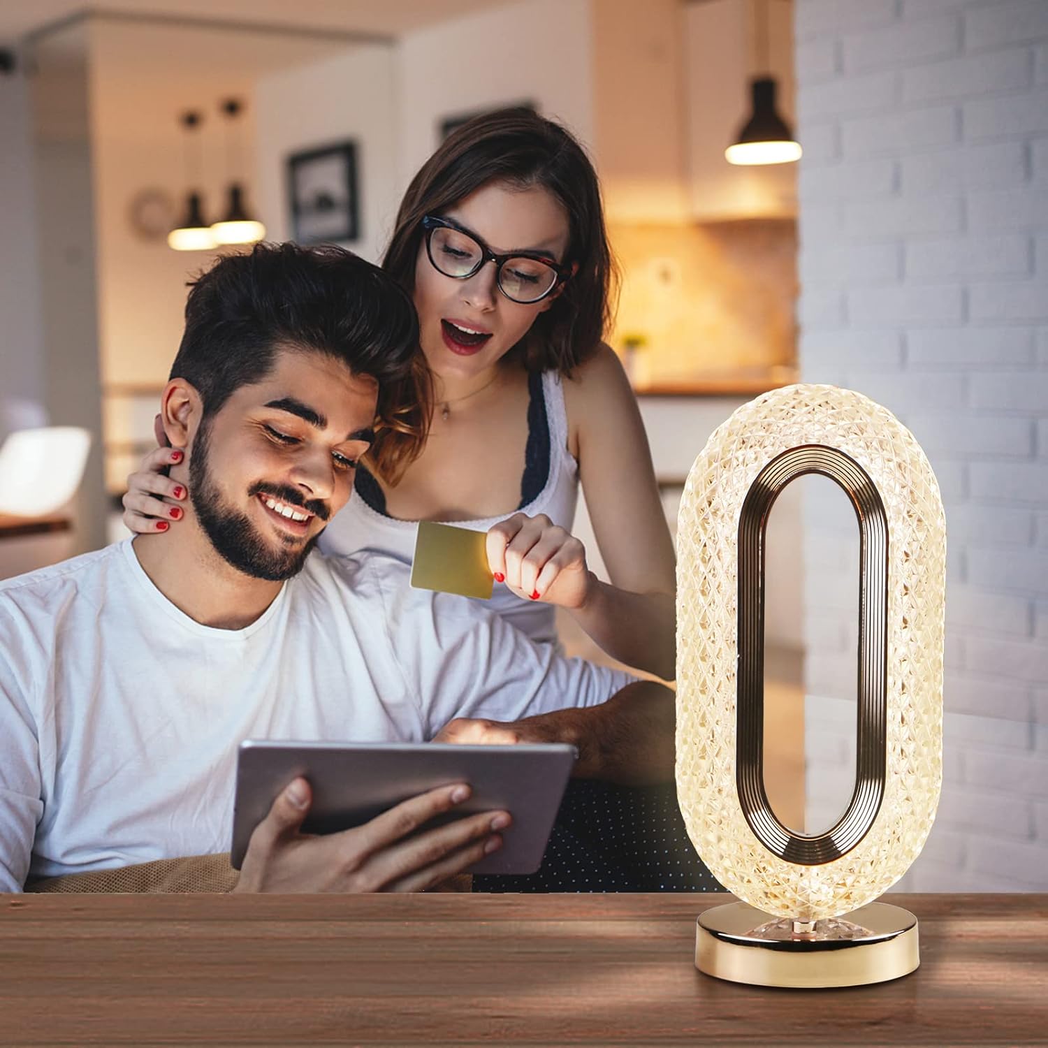 Wukusy 6878 touch control crystal table lamp with 3-way dimmable light, USB rechargeable, diamond design, ideal for bedroom or living room.