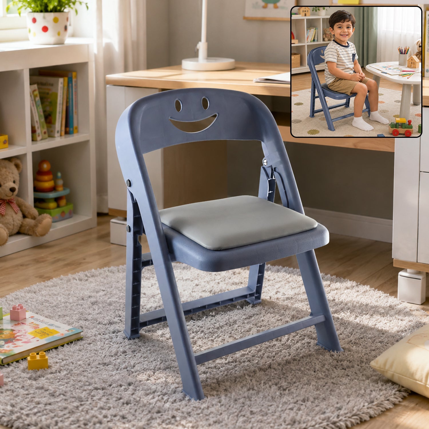 Portable Plastic Foldable Kids Chair With Cushion For Home Study Seating (1 Pc)