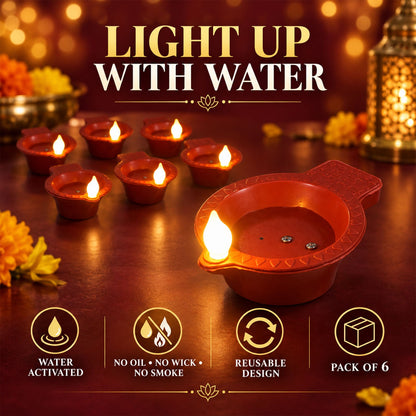 Wukusy water sensor flameless LED diyas for Diwali and pooja decoration, showing six battery-operated traditional-style diyas with glowing lights