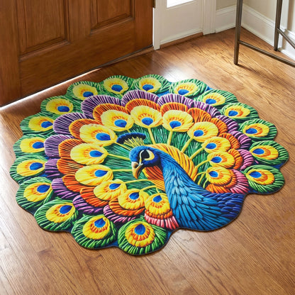 Peacock design decorative floor mat by Wukusy, 58x58 cm, featuring vibrant peacock artwork and intricate patterns.