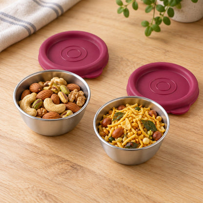 Two Wukusy Apex stainless steel food containers with lids, 70 ml size, ideal for snacks and dips, shown in the image.