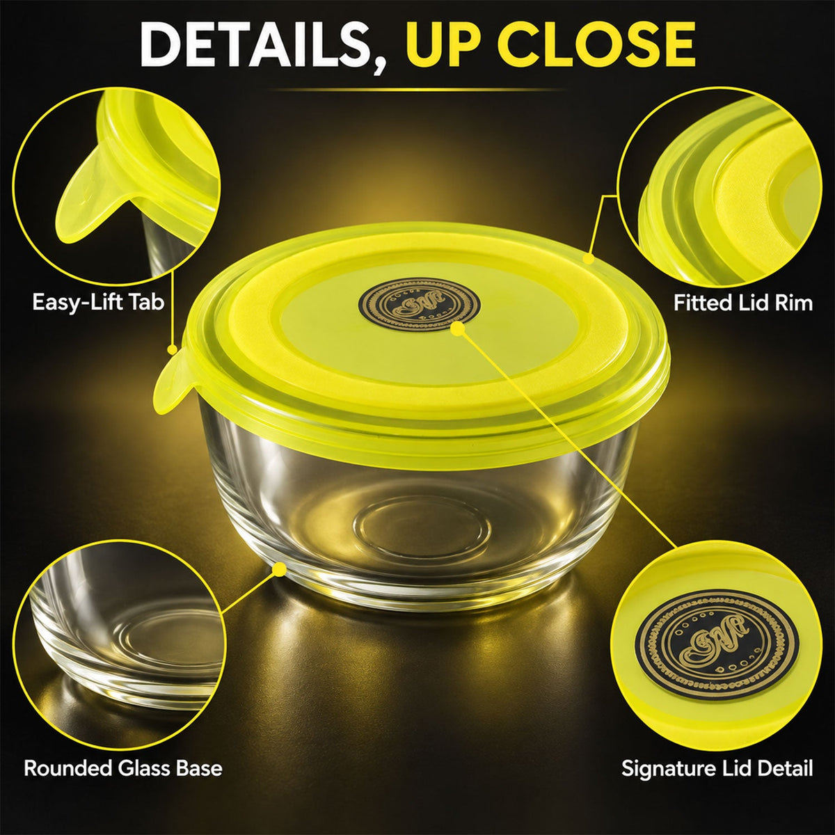 Wukusy glass bowl set with plastic lids and serving tray for snacks and nuts, featuring five clear glass bowls and a matching tray.