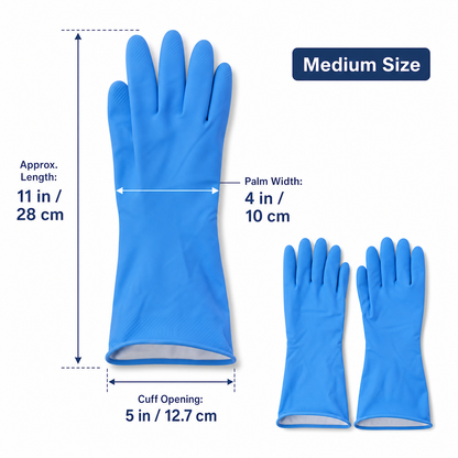Pair of Wukusy medium Victor Blue cleaning rubber gloves for kitchen dishwashing, reusable and waterproof.