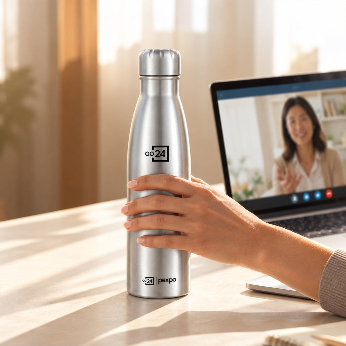Wukusy stainless steel water bottle with screw cap, 1000ml capacity, suitable for office and travel, shown with a sleek design.