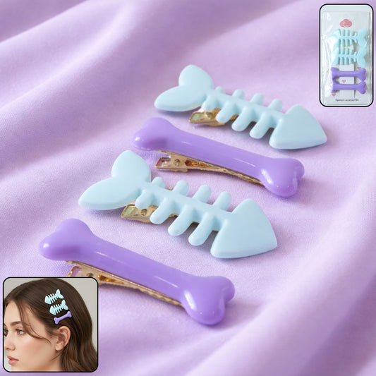 Set of four Wukusy fishbone-shaped bone hair clips in various sizes, perfect for styling hair with a playful, bone motif.