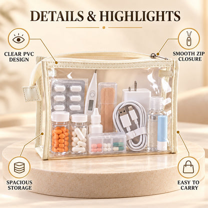 Transparent PVC makeup zipper pouch with Wukusy branding, ideal for travel and toiletry storage, measuring 23x14 cm.
