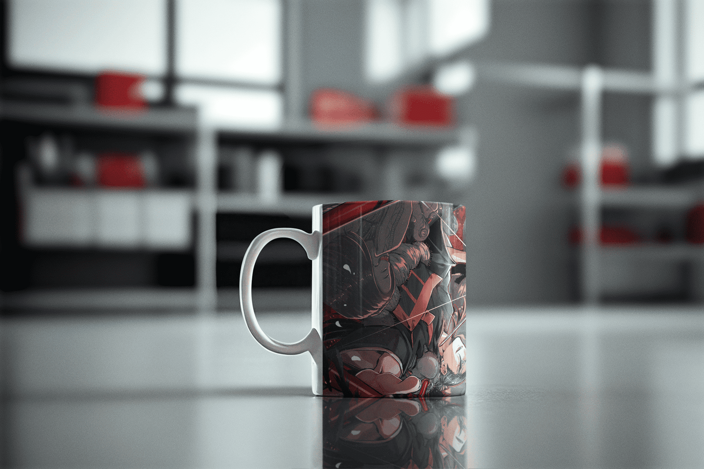 Ceramic coffee mug featuring Yuta vs Suguru from Jujutsu Kaisen anime, with detailed character artwork on the surface.