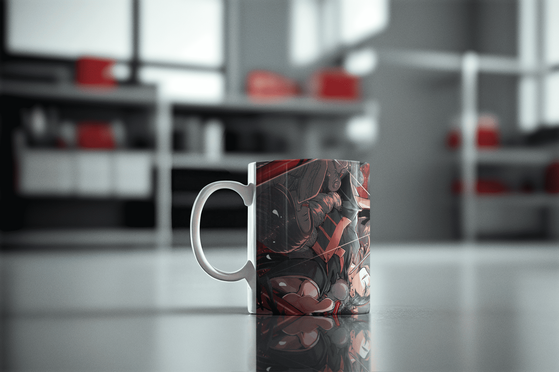 Ceramic coffee mug featuring Yuta vs Suguru from Jujutsu Kaisen anime, with detailed character artwork on the surface.