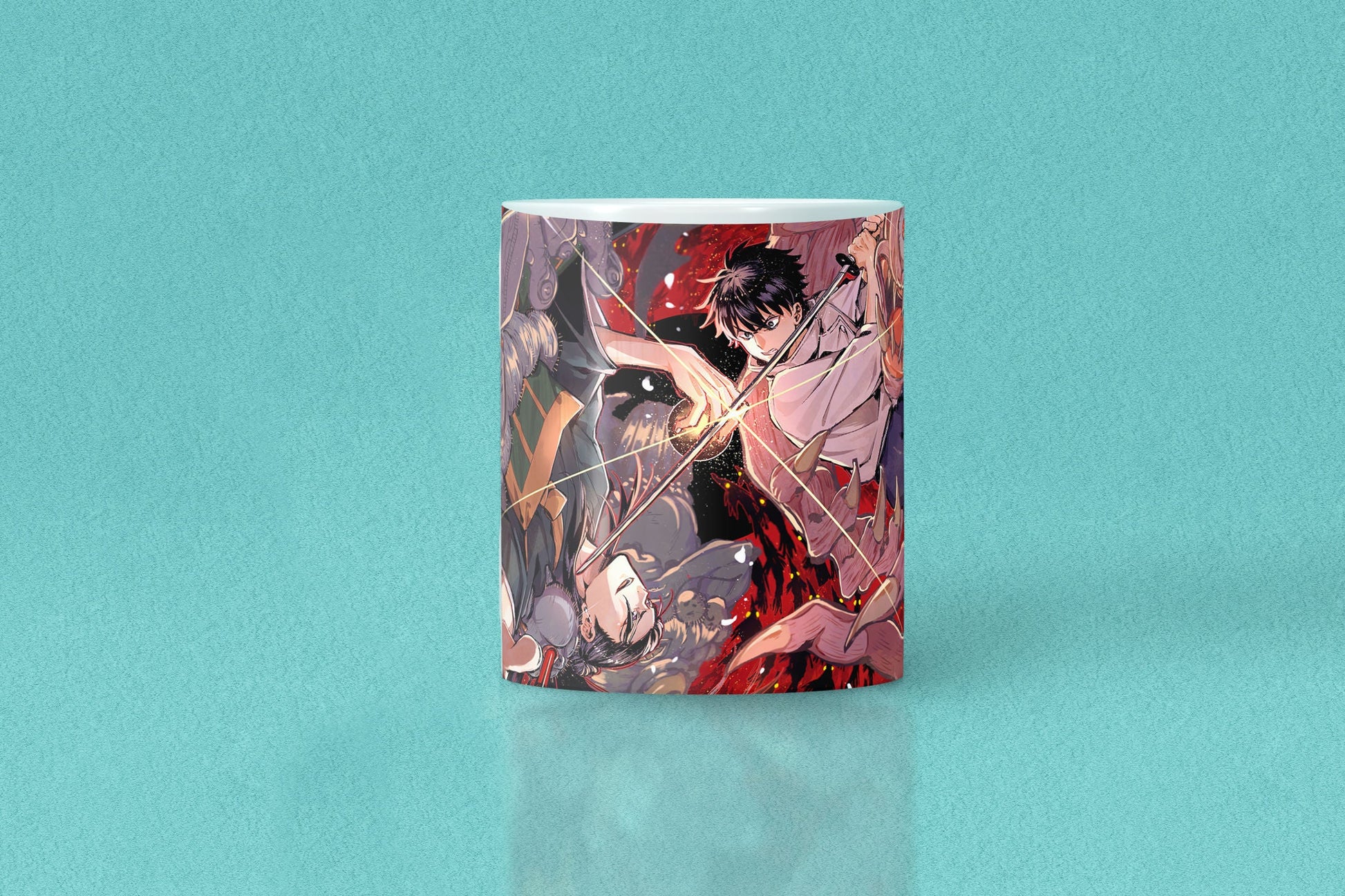 Ceramic coffee mug featuring Yuta vs Suguru from Jujutsu Kaisen anime, with colorful character artwork, suitable for tea or coffee.