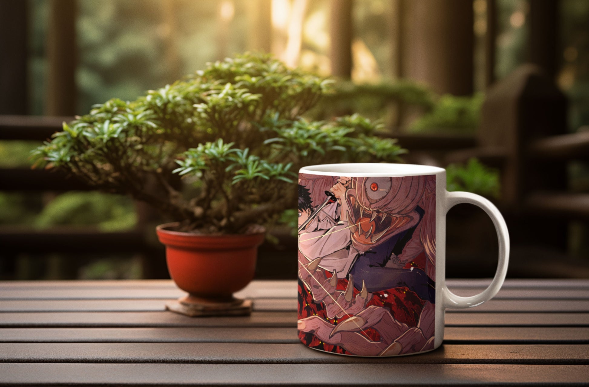 Ceramic coffee mug featuring Yuta vs Suguru from Jujutsu Kaisen anime, with colorful character artwork on a white background.
