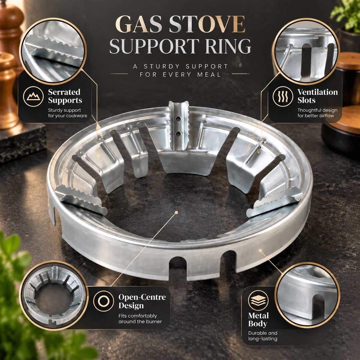 Wukusy gas stove burner stand with windproof energy-saving ring and pan support, designed for gas cooktops.