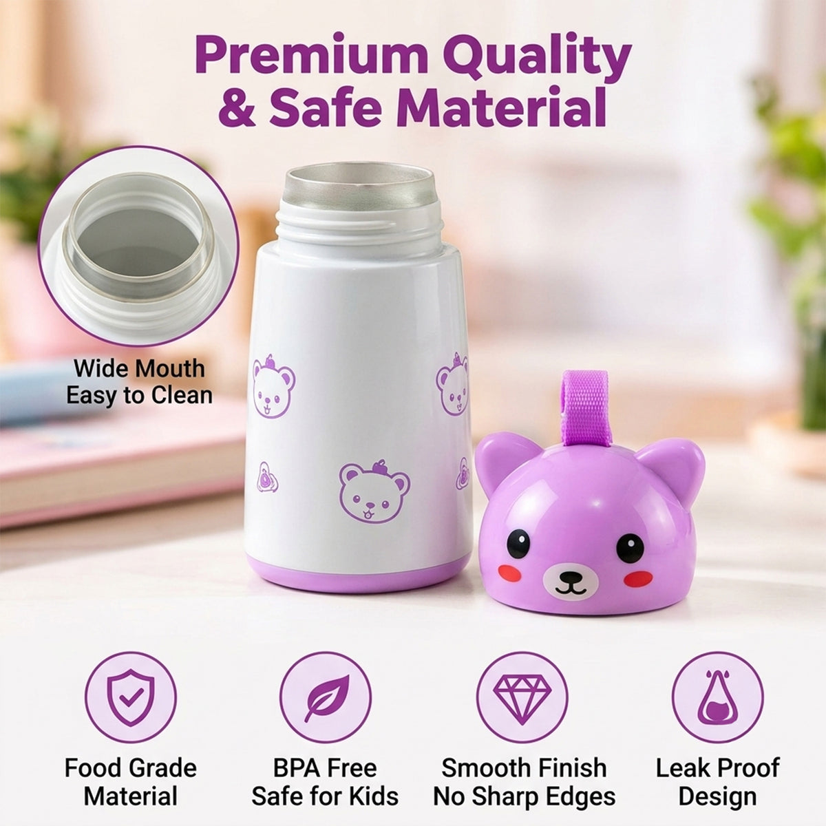 Wukusy mini vacuum water bottle with bunny cap and carry strap, 220ml, 1 piece