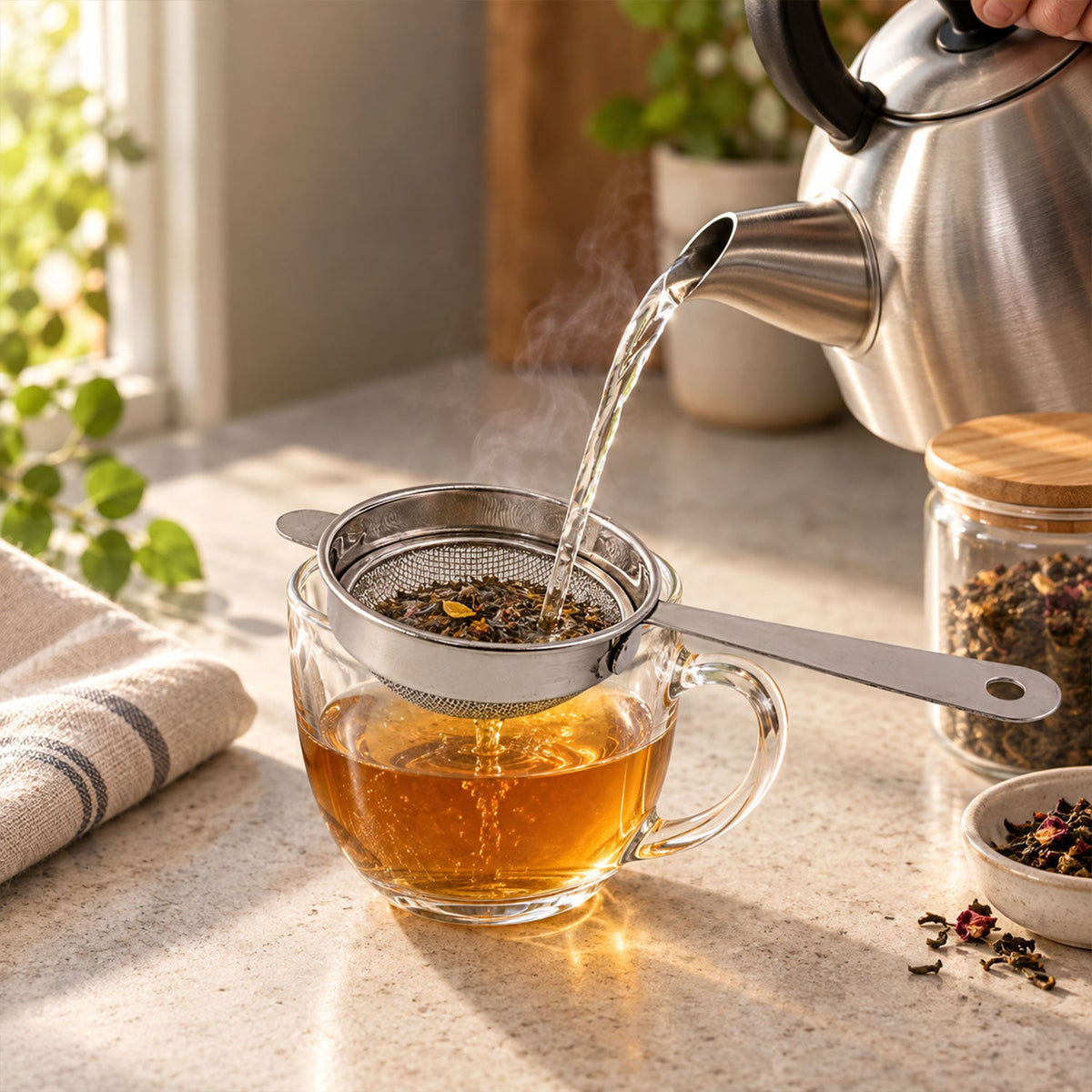 Wukusy Apex stainless steel tea strainer No 3 with long handle and fine mesh for tea filtration, single piece.