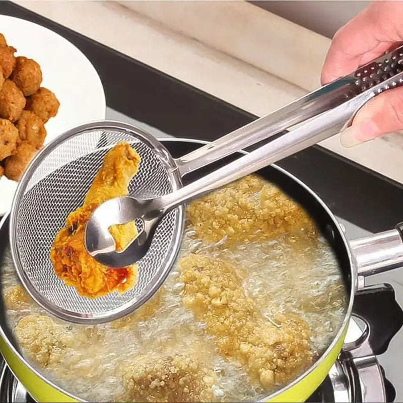 2-in-1 Stainless Steel Fry Tool Filter Spoon Strainer with Clip - Oil Frying BBQ Filter Mesh Strainer