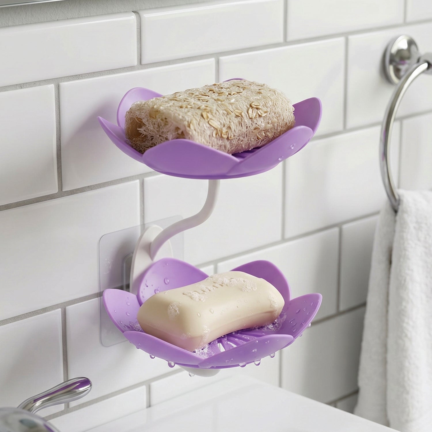 Wall-mounted flower-shaped double layer plastic soap dish holder by Wukusy, with space for soap and accessories.