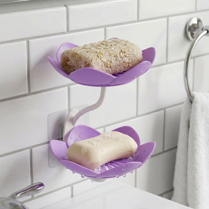 Wall-mounted flower-shaped double layer plastic soap dish holder by Wukusy, with space for soap and accessories.